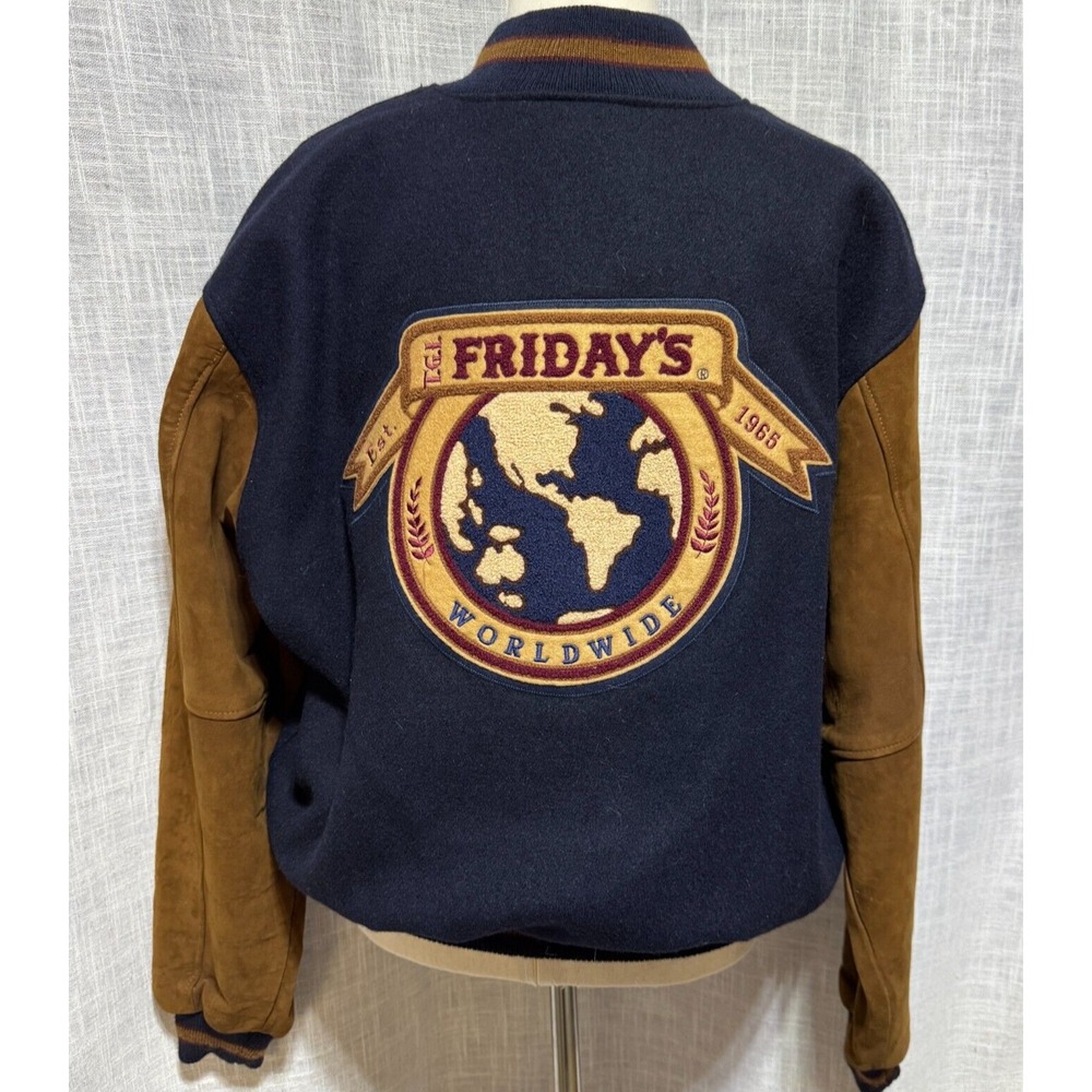Golden Bear Varsity Jacket Men M Navy Brown TGIFridays 30th Anniversary Wool 90s